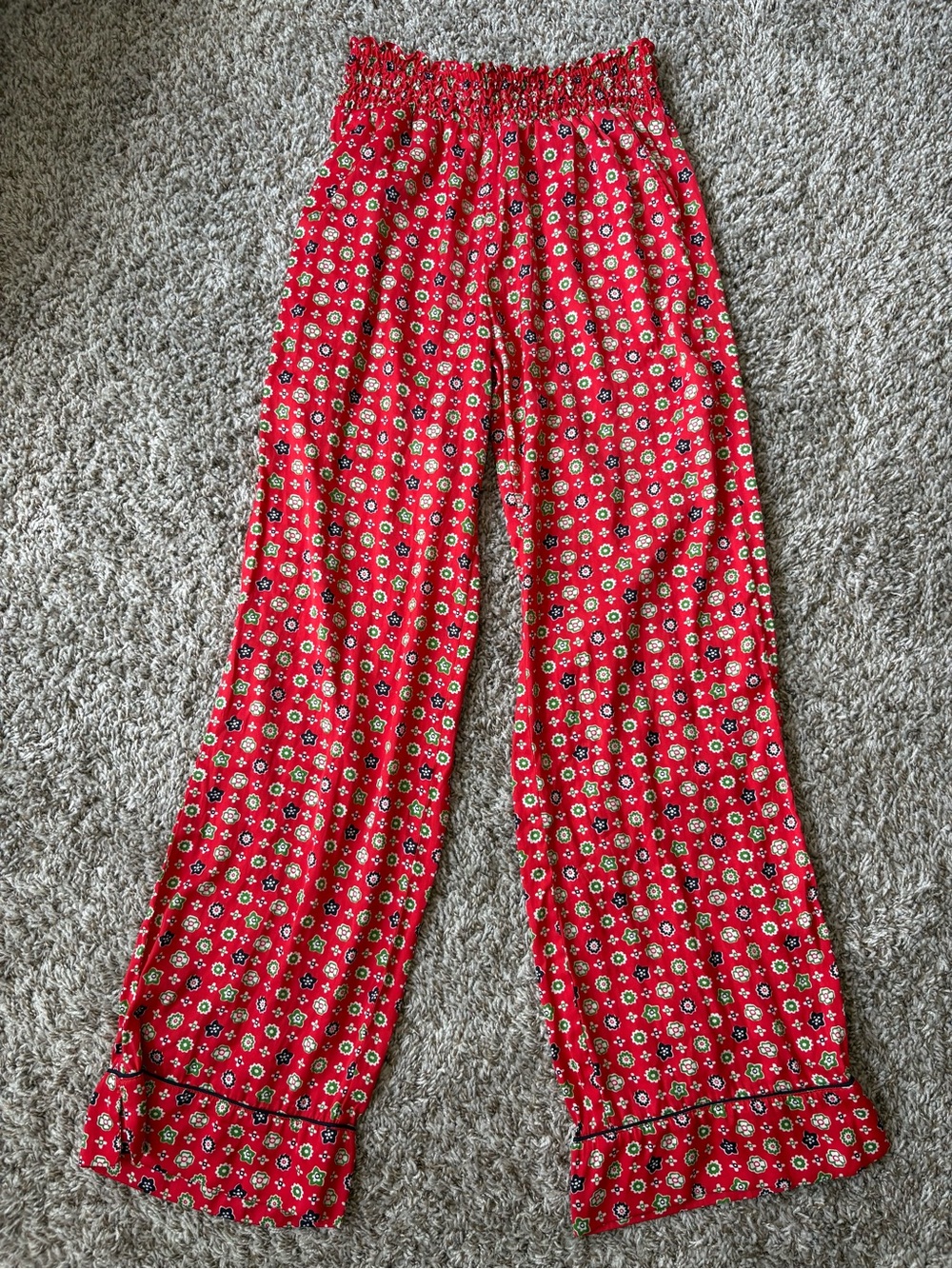 aerie Red Floral Wide-Leg Smocked-Waist Pajama Pants with Ruffle Hem